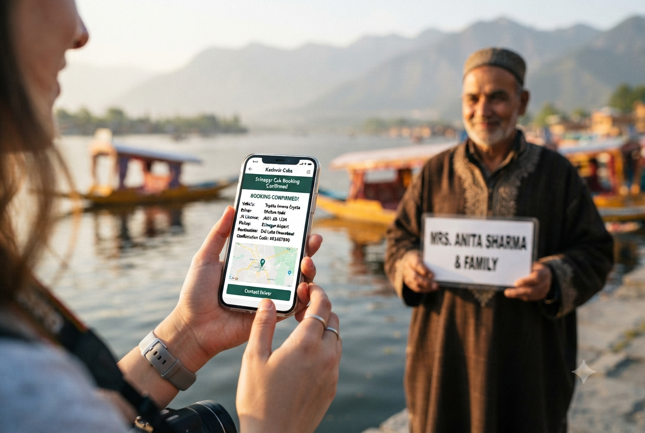 Online cab booking Srinagar Kashmir 2026 - smartphone booking confirmation with Dal Lake view