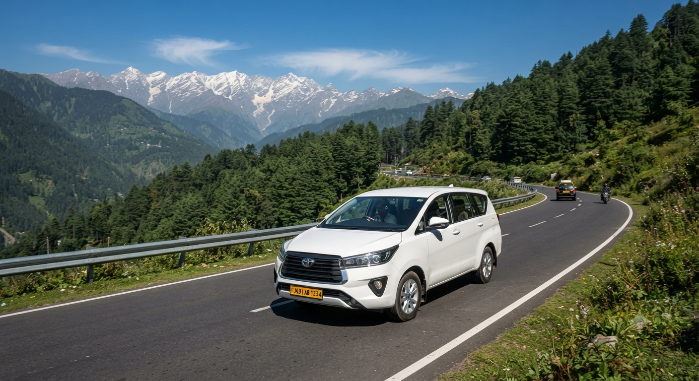 Outstation Taxi Service in Kashmir 2026 | Best Rates & Cabs 8 Outstation taxi service in Kashmir - Innova Crysta on scenic mountain road to Gulmarg