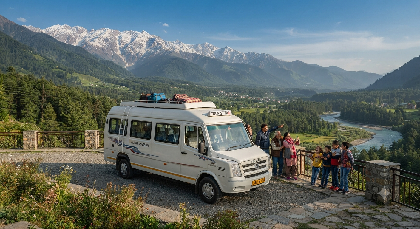 Outstation Taxi Service in Kashmir 2026 | Best Rates & Cabs 10 Outstation taxi service in Kashmir - Tempo Traveller for large groups at Pahalgam viewpoint