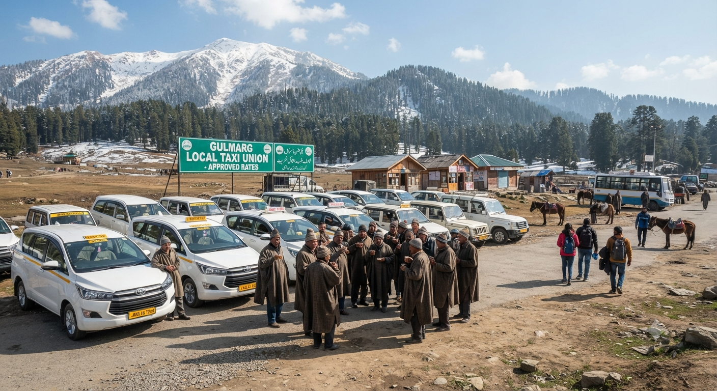 Outstation Taxi Service in Kashmir 2026 | Best Rates & Cabs 11 Outstation taxi service in Kashmir - local union taxi stand at Gulmarg for internal sightseeing