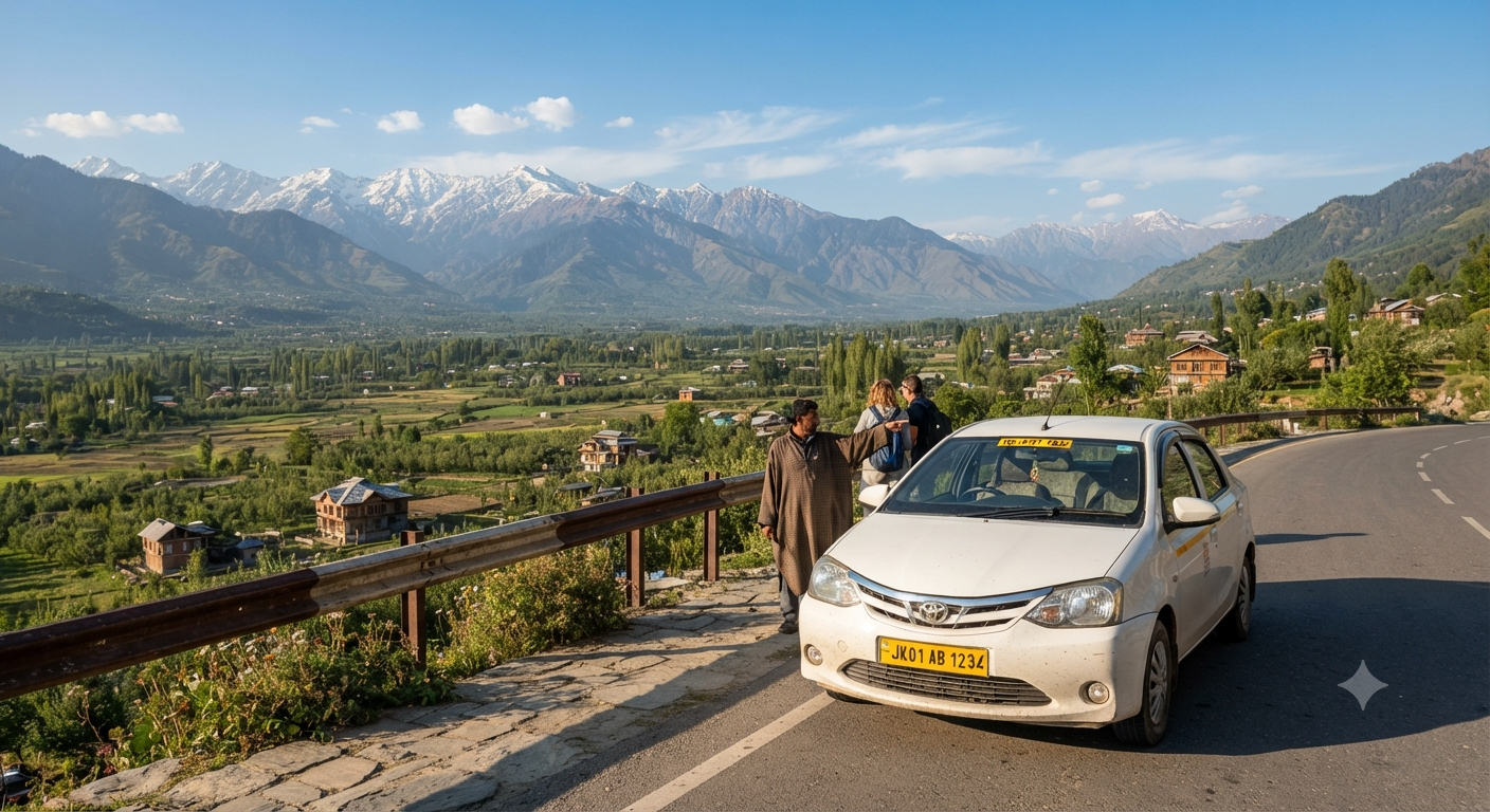 Outstation Taxi Service in Kashmir 2026 | Best Rates & Cabs 9 Outstation taxi service in Kashmir - sedan cab at scenic viewpoint overlooking the valley