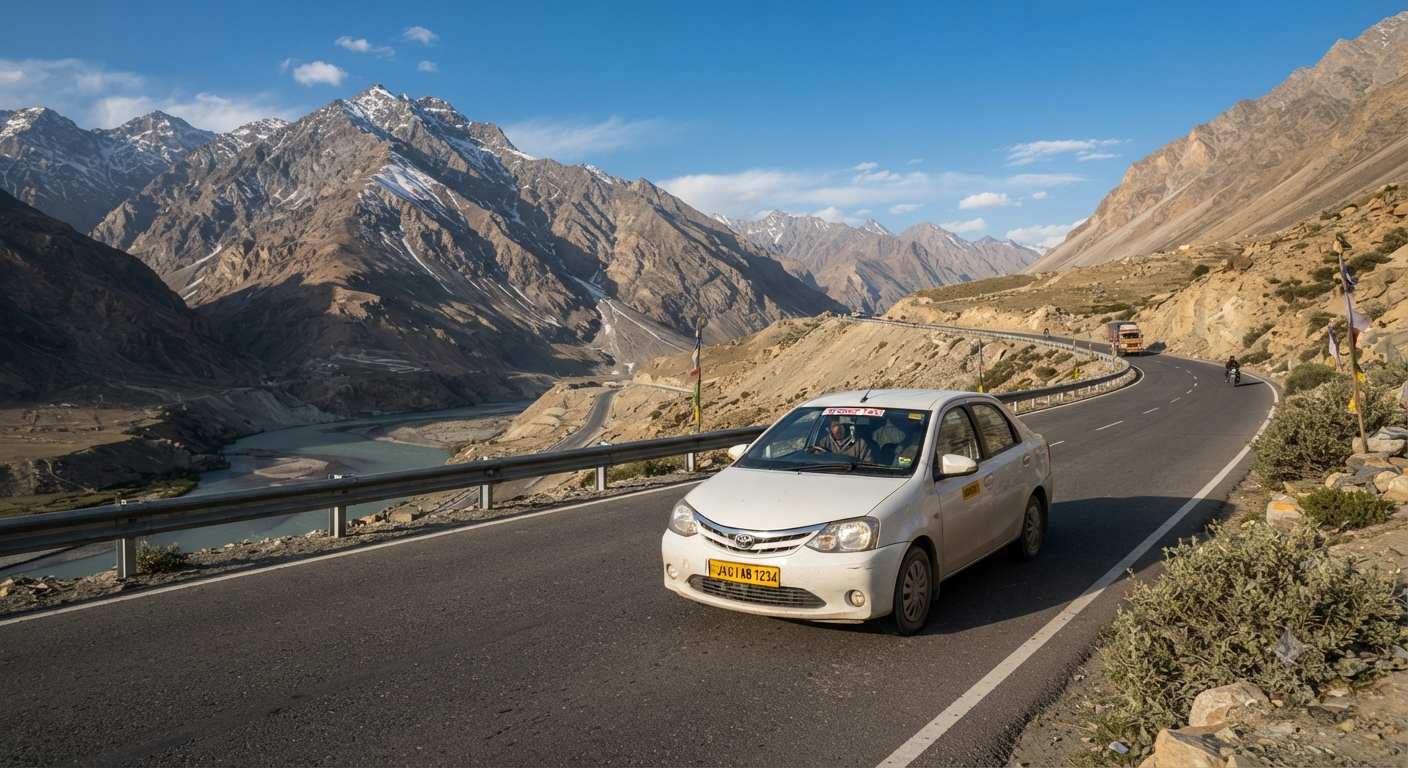 Outstation Taxi Service in Kashmir 2026 | Best Rates & Cabs 12 Outstation taxi service in Kashmir - sedan on Srinagar to Leh highway with Himalayan views