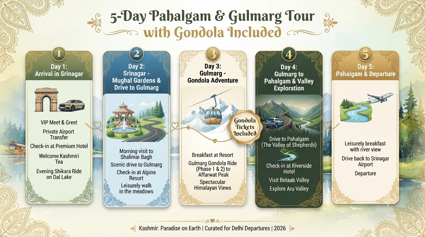Pahalgam and Gulmarg tour package with Gondola tickets included - 5-day itinerary infographic with Gondola included badge