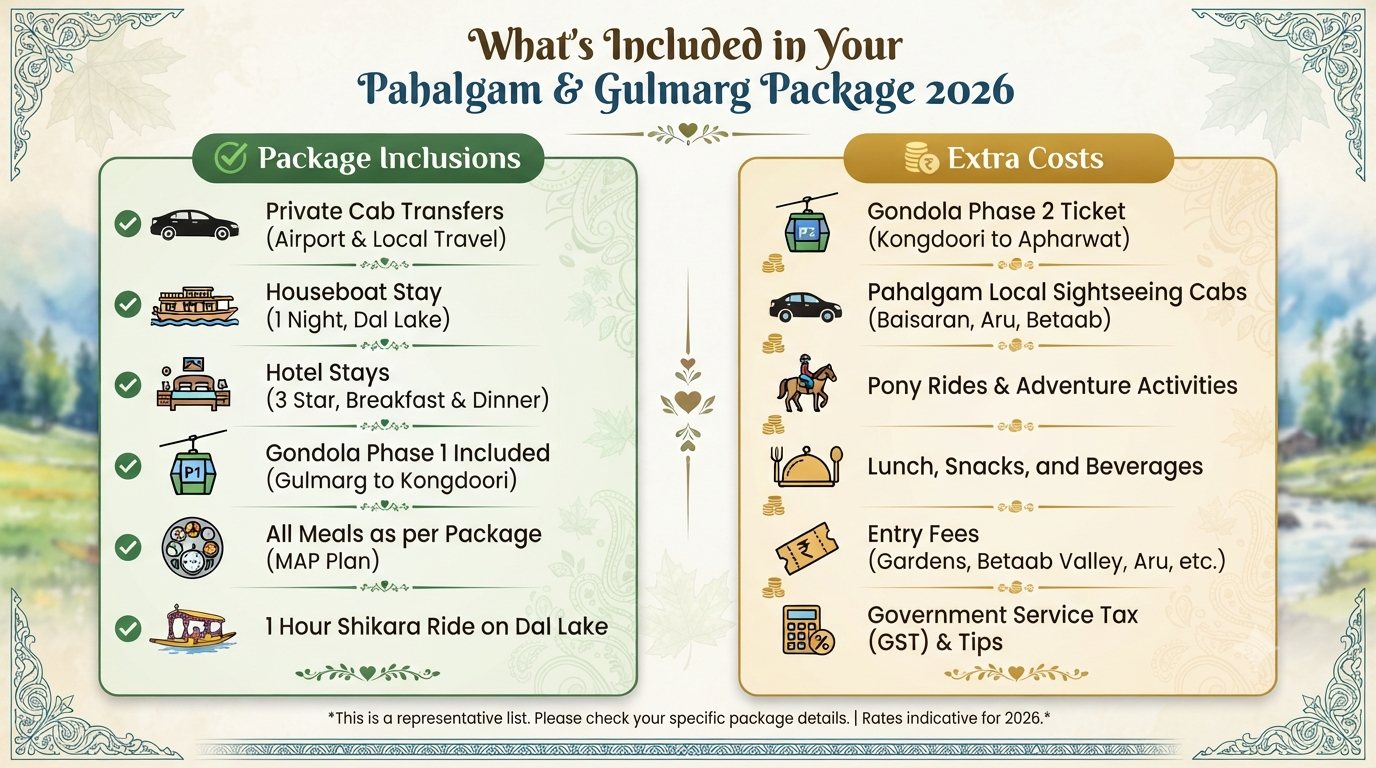 Pahalgam and Gulmarg tour package with Gondola tickets included - inclusions vs extra costs infographic