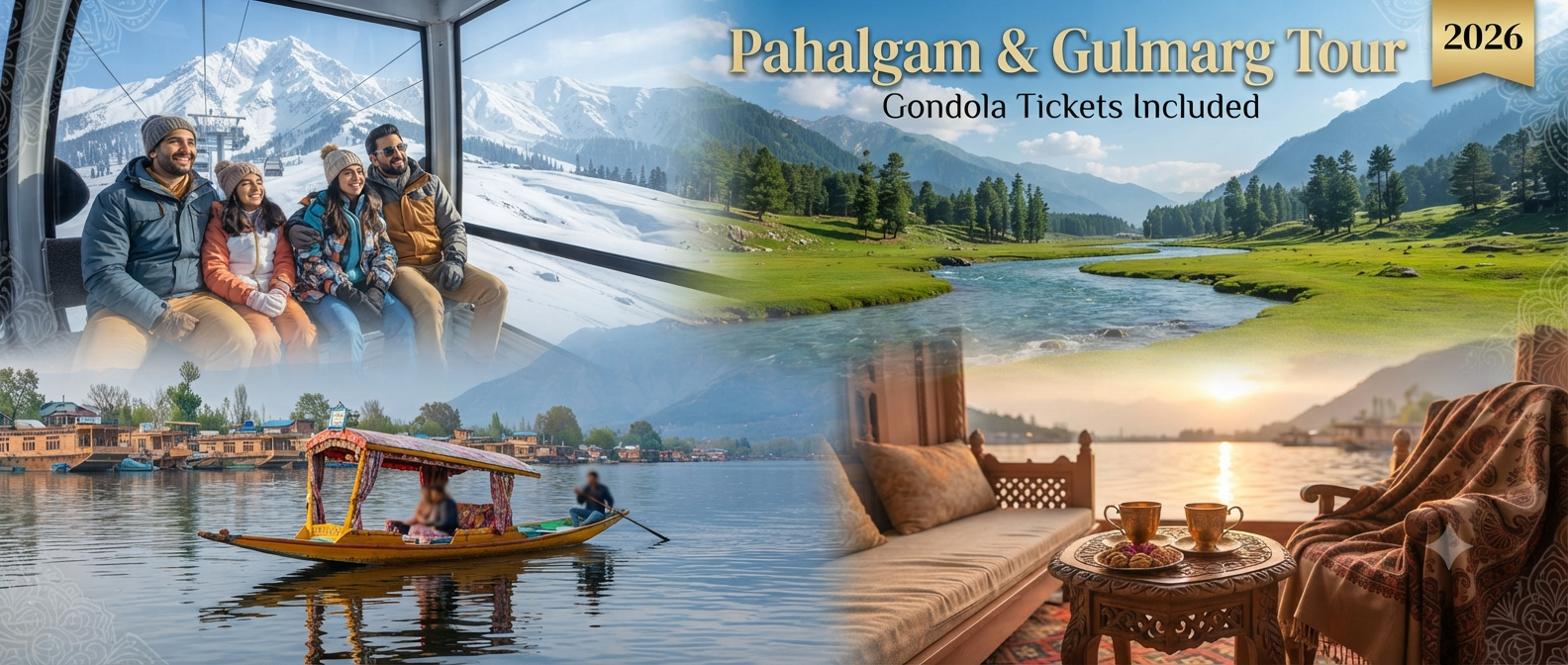 Pahalgam and Gulmarg tour package with Gondola tickets included - scenic collage of Gulmarg Gondola Pahalgam valley Dal Lake houseboat