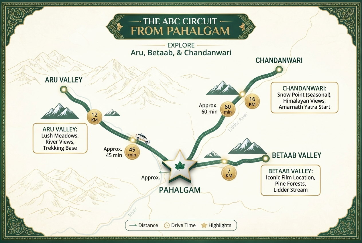 Pahalgam cab booking 2026 - ABC circuit map with distances and highlights