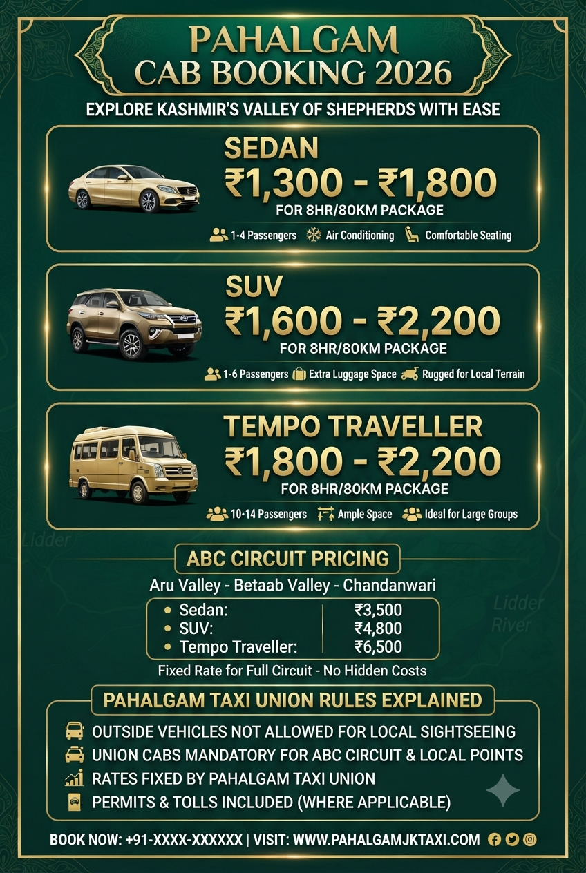 Pahalgam cab booking 2026 infographic - vehicle options and union taxi rates