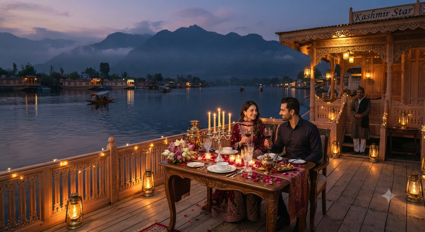 Premium Kashmir holiday packages 2026 - Private candlelight dinner on houseboat