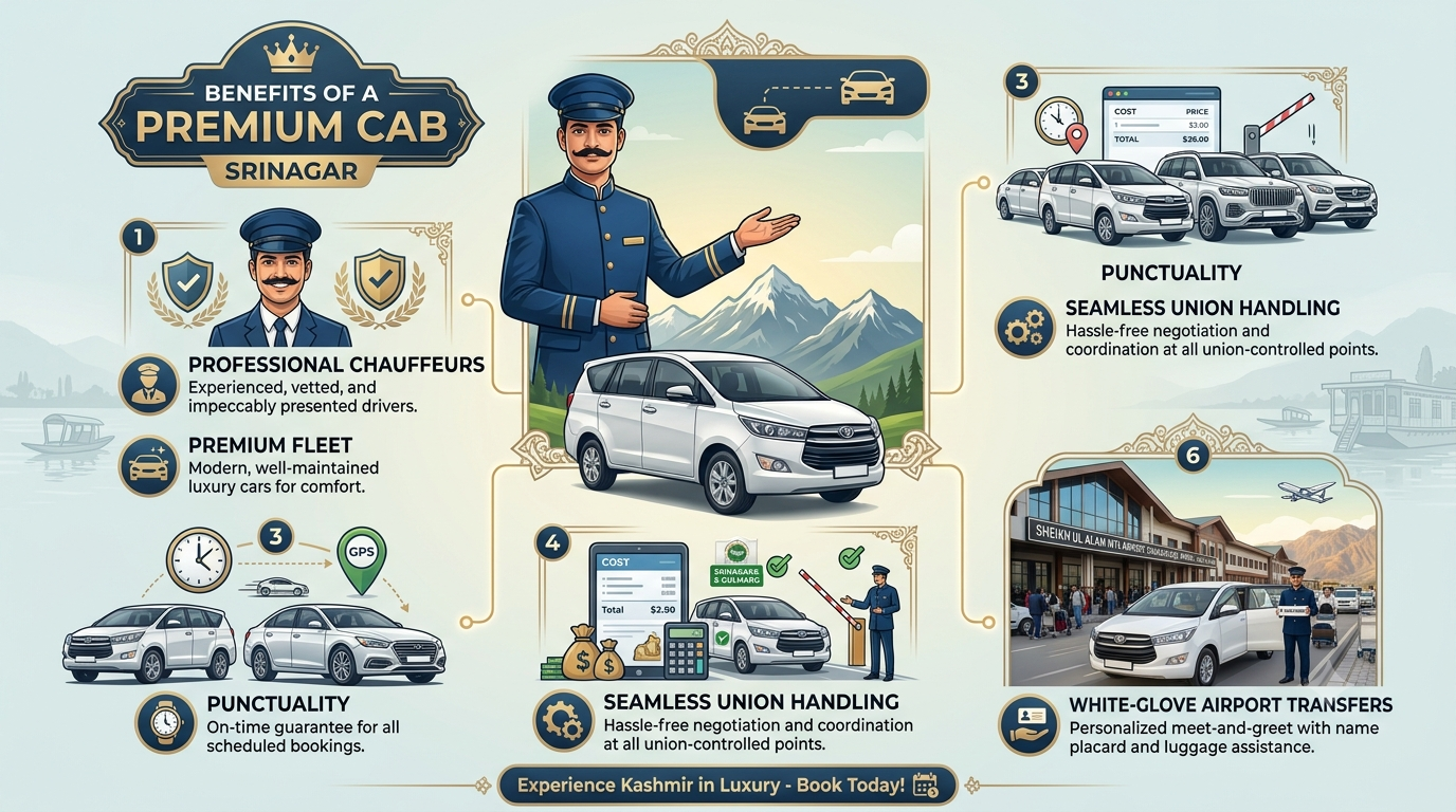 Premium cab Srinagar 2026 - benefits infographic