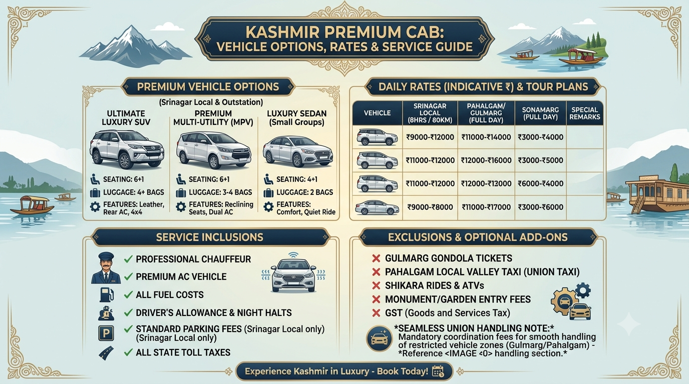 Premium cab Srinagar 2026 - complete pricing and inclusions infographic