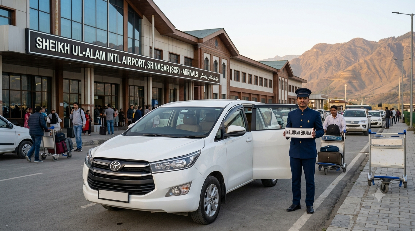 Premium cab Srinagar 2026 - professional chauffeur with luxury Innova Crysta at Srinagar Airport