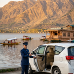 Premium cab Srinagar 2026 - professional chauffeur with luxury Innova Crysta on Dal Lake at golden hour