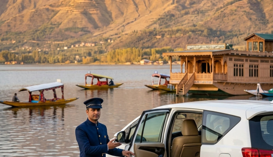 Premium cab Srinagar 2026 - professional chauffeur with luxury Innova Crysta on Dal Lake at golden hour
