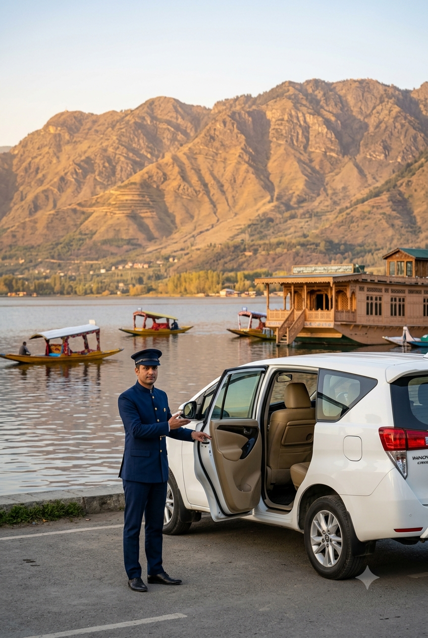Premium cab Srinagar 2026 - professional chauffeur with luxury Innova Crysta on Dal Lake at golden hour