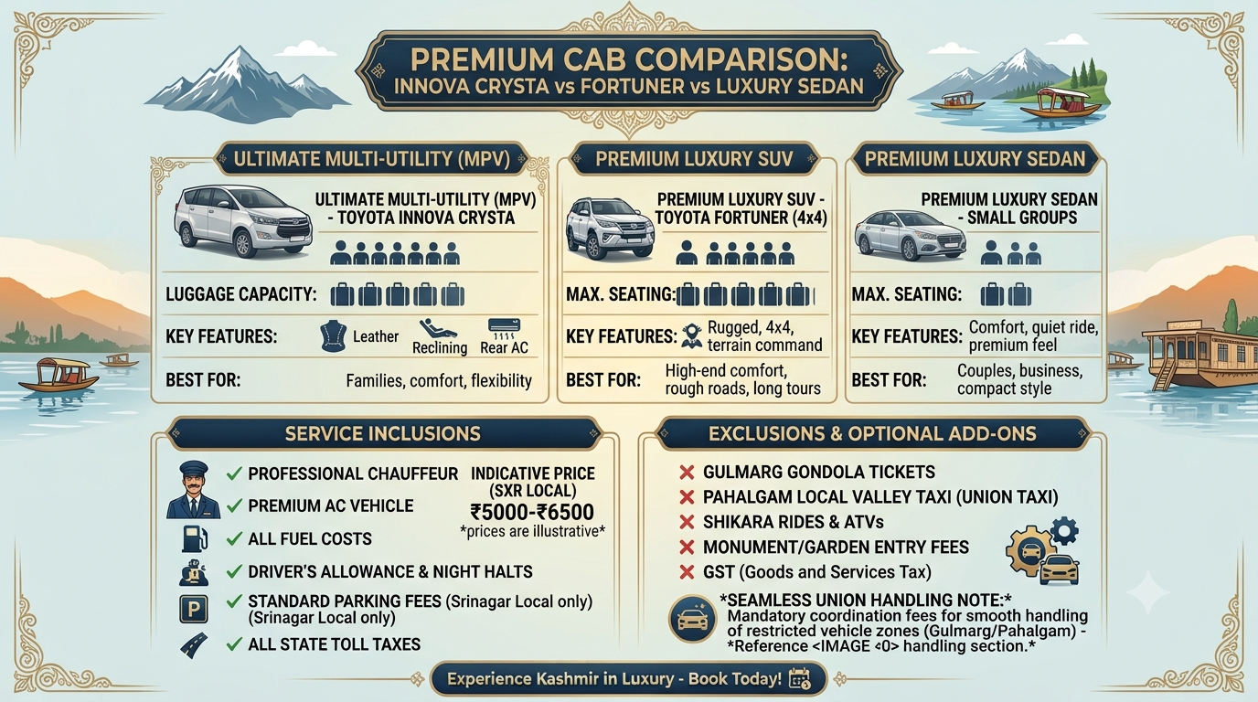 Premium cab Srinagar 2026 - vehicle comparison infographic