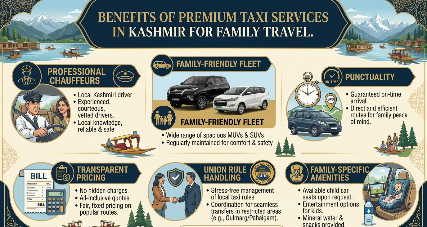 Premium Taxi Service Kashmir for Family 2026 | ₹5,500 | Book Now 9 Premium taxi service Kashmir for family 2026 benefits infographic e1783184636234