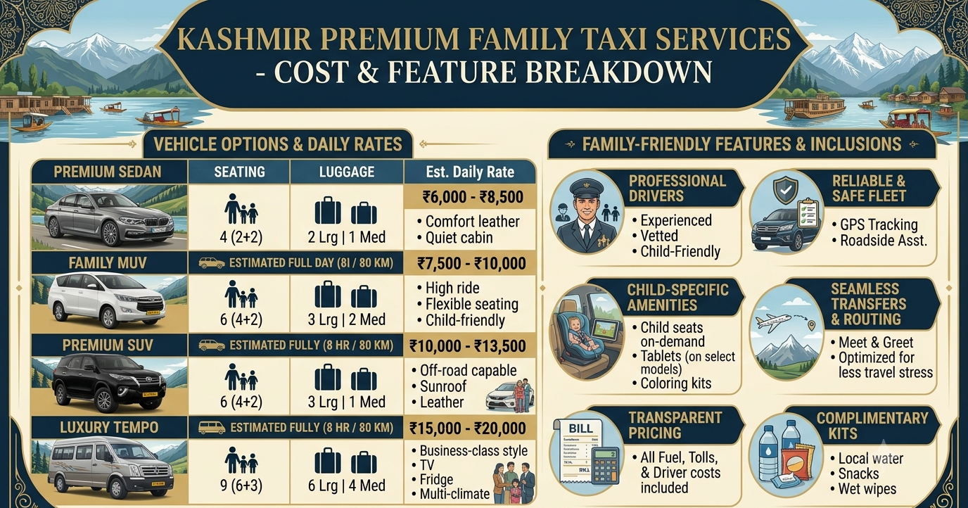 Premium Taxi Service Kashmir for Family 2026 | ₹5,500 | Book Now 10 Premium taxi service Kashmir for family 2026 - complete vehicle and rate guide infographic