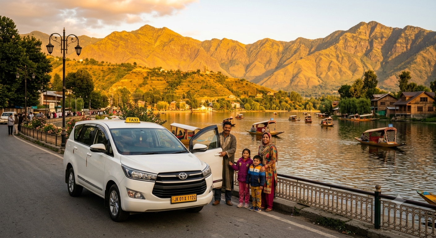 Premium Taxi Service Kashmir for Family 2026 | ₹5,500 | Book Now 8 Premium taxi service Kashmir for family 2026 - happy family with Innova Crysta on Dal Lake