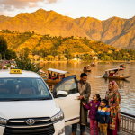 Premium taxi service Kashmir for family 2026 - happy family with Innova Crysta on Dal Lake
