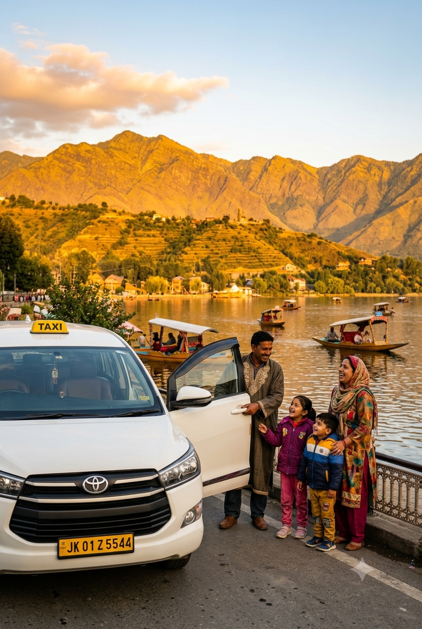 Premium taxi service Kashmir for family 2026 - happy family with Innova Crysta on Dal Lake