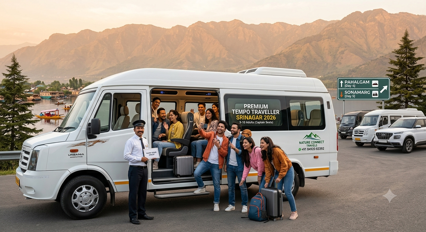  Premium tempo traveller Srinagar 2026 - Urbania group tour vehicle with happy travelers