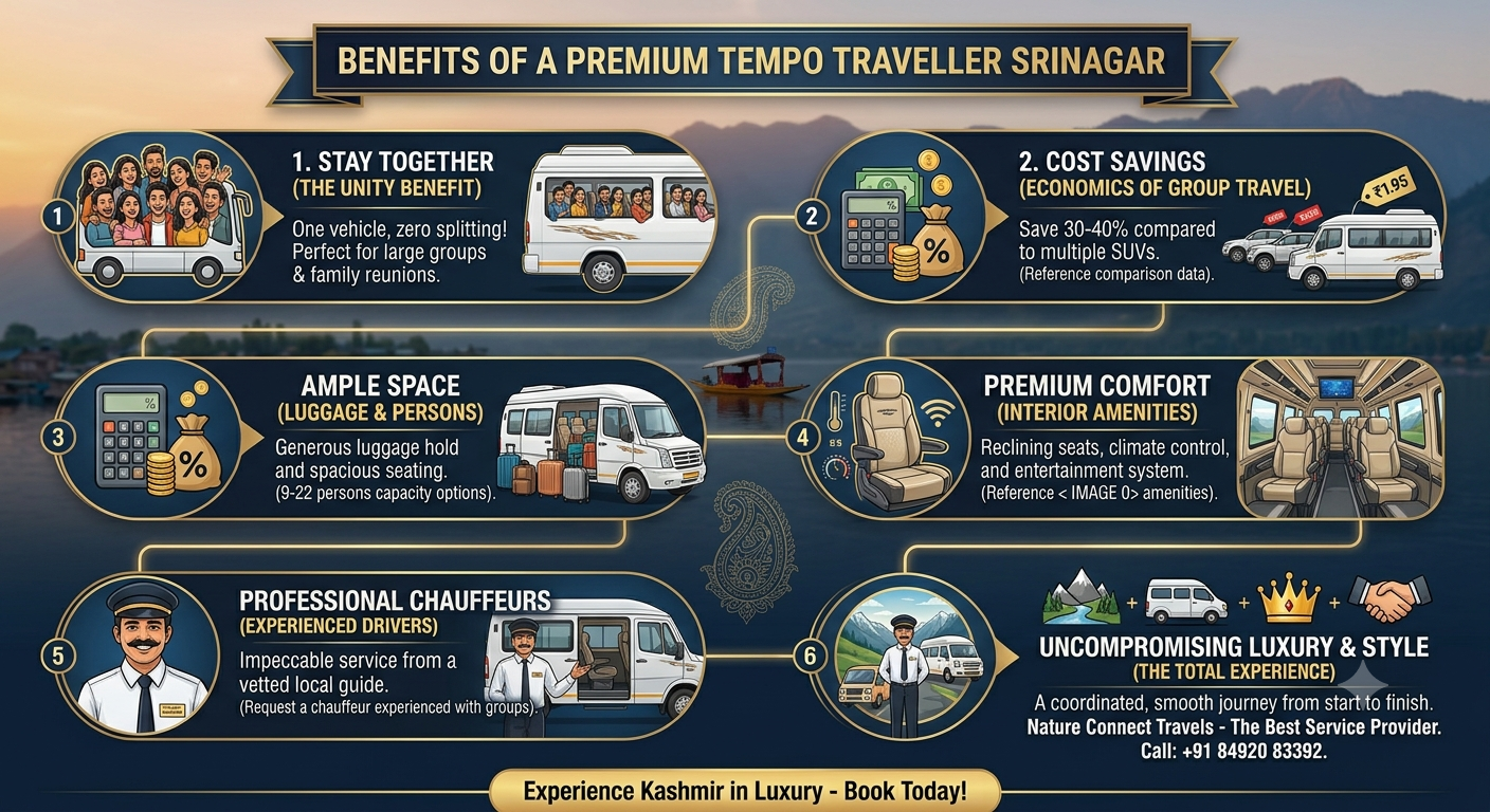 Premium tempo traveller Srinagar 2026 - benefits infographic