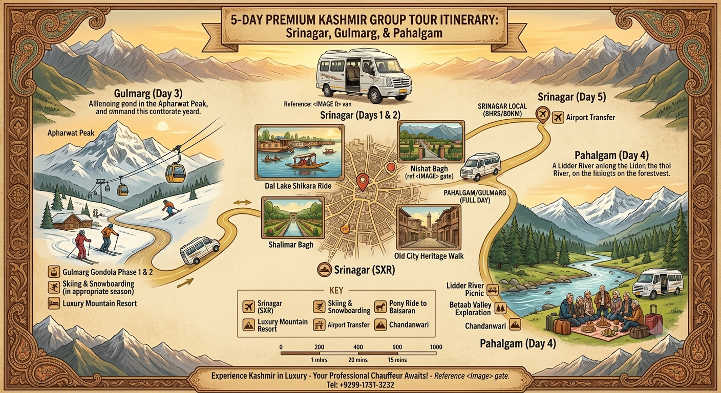  Premium tempo traveller Srinagar 2026 - complete group itinerary map