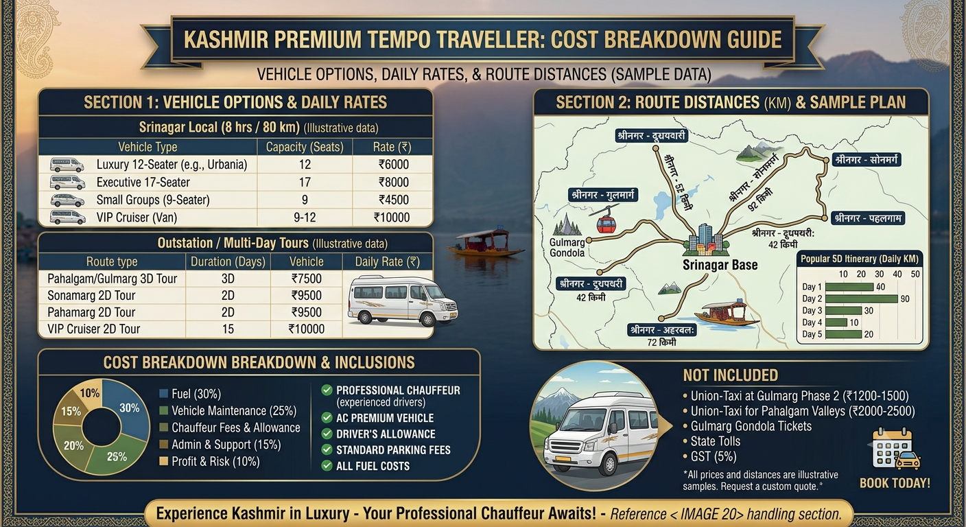 Premium tempo traveller Srinagar 2026 - complete rate card and route guide infographic
