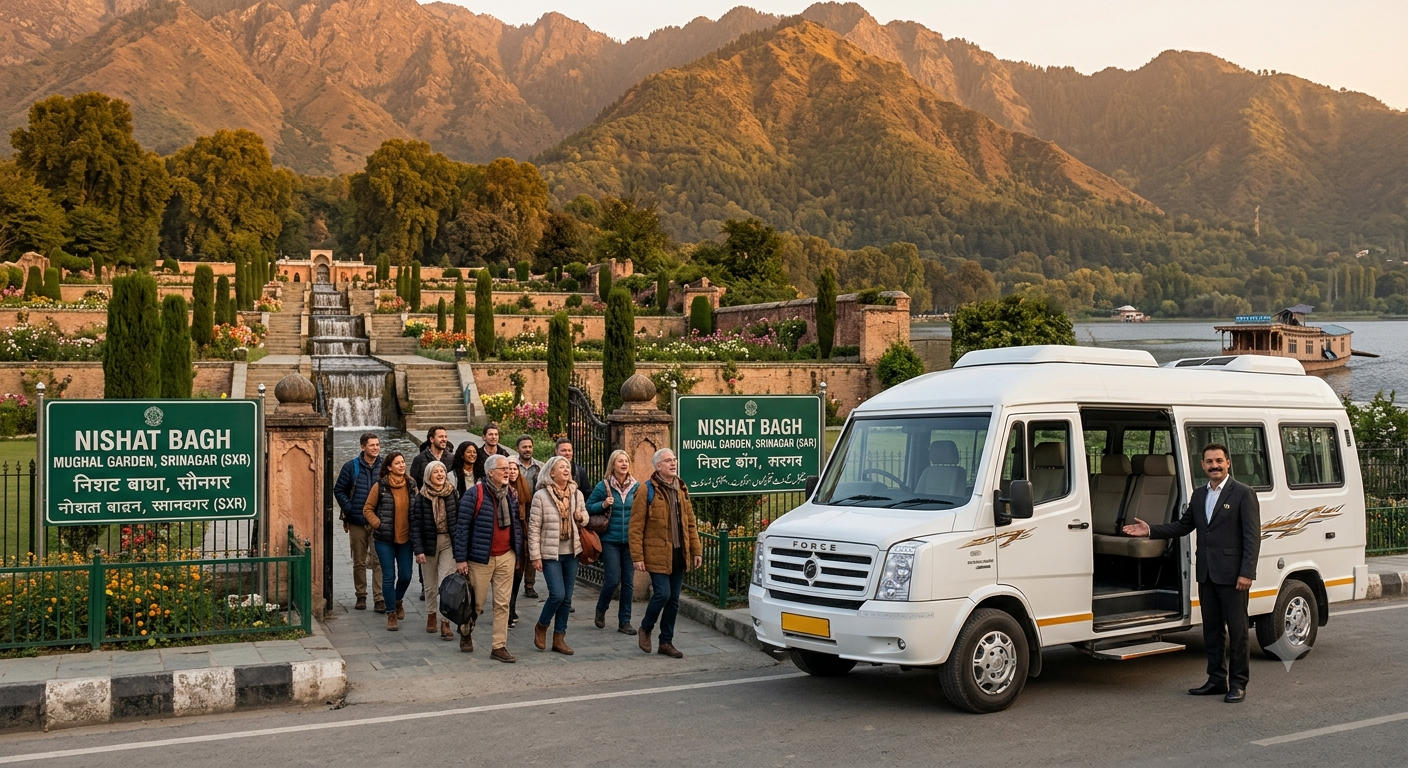 Premium tempo traveller Srinagar 2026 - group at Nishat Bagh Mughal Garden