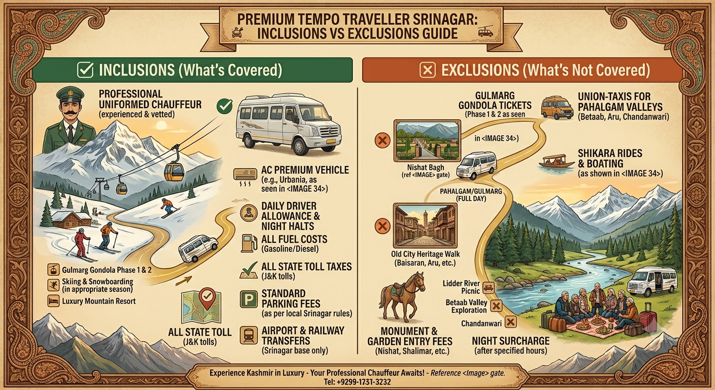 Premium tempo traveller Srinagar 2026 - inclusions and exclusions infographic