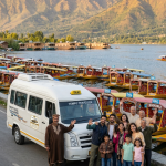 Reliable taxi service Kashmir for group travel 2026 - happy group with Tempo Traveller on Dal Lake
