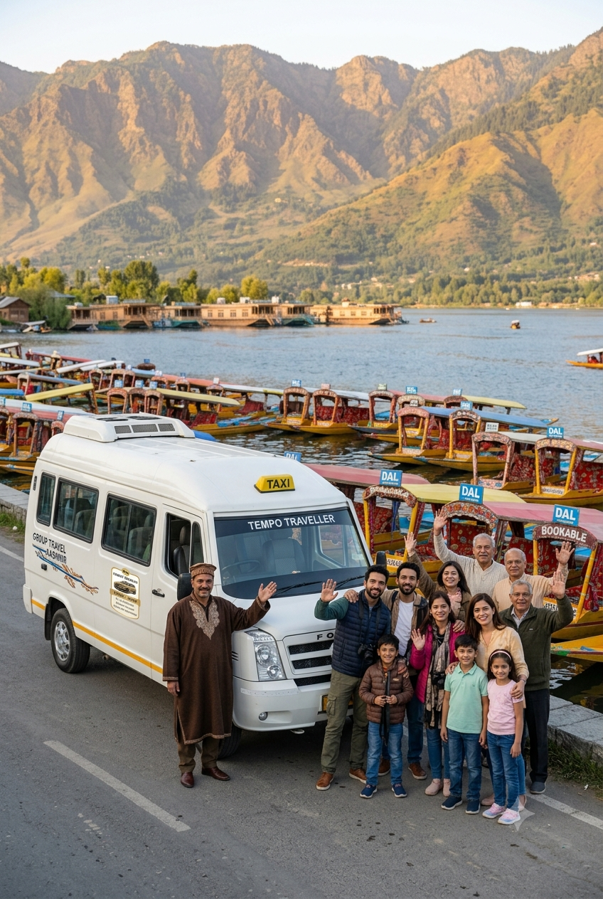 Reliable taxi service Kashmir for group travel 2026 - happy group with Tempo Traveller on Dal Lake