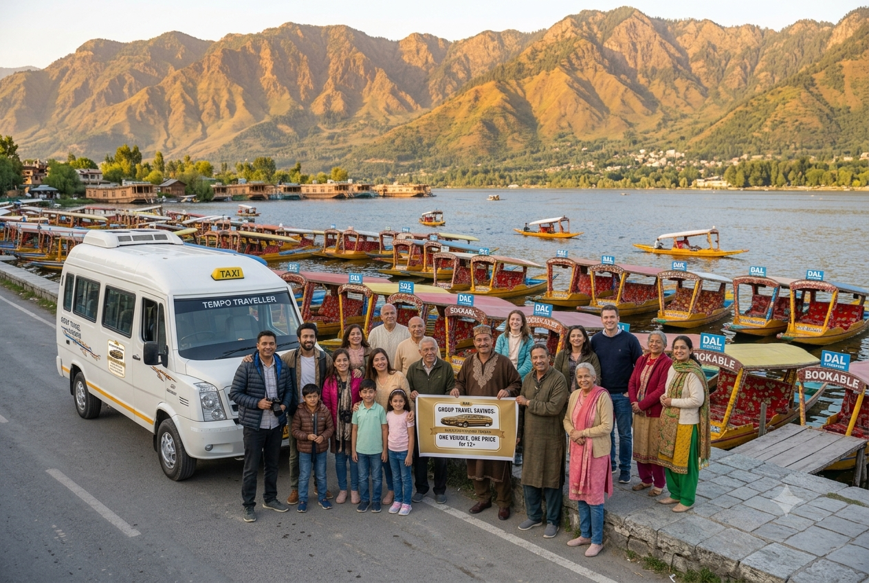 Reliable taxi service Kashmir for group travel 2026 - happy group with Tempo Traveller
