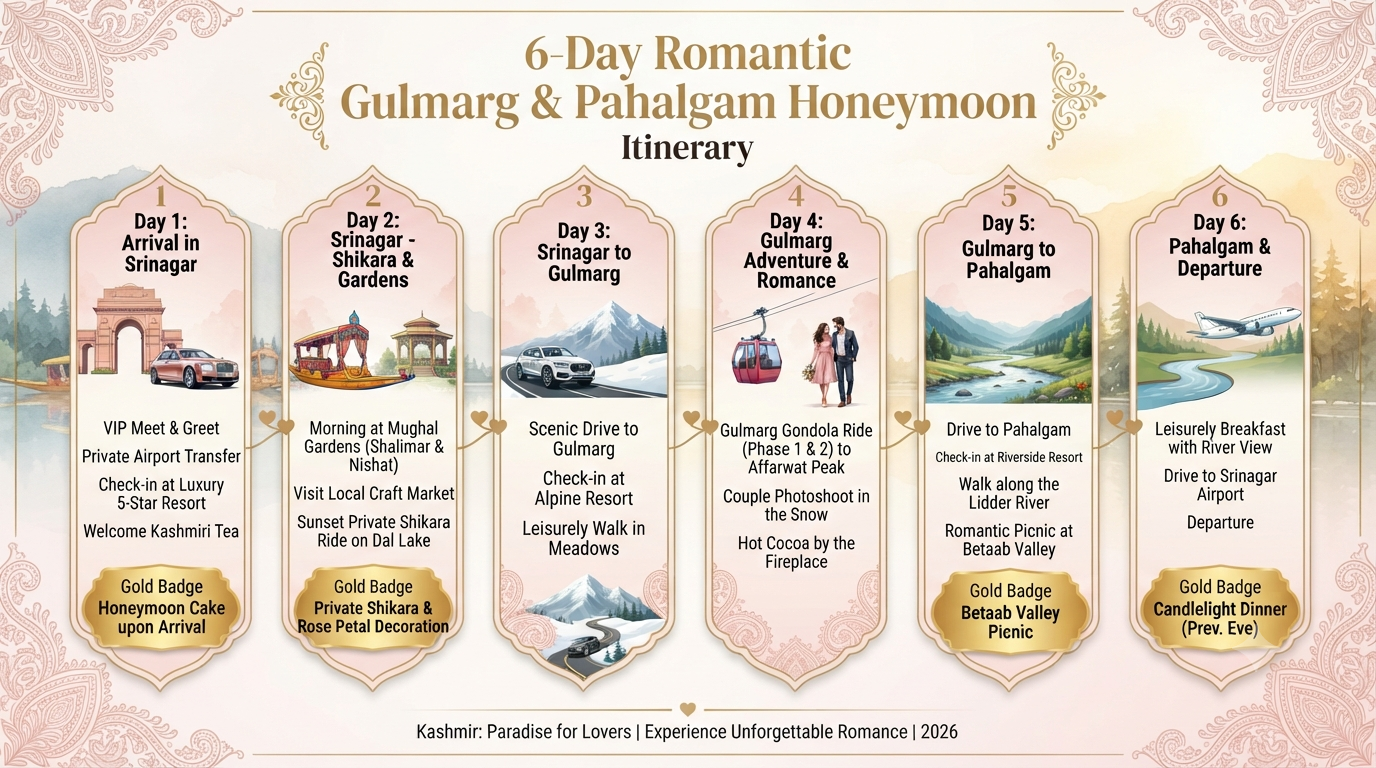 Romantic Gulmarg and Pahalgam Honeymoon Package from Delhi 2026 | ₹30K 9 Romantic Gulmarg and Pahalgam honeymoon package from Delhi - 6-day romantic honeymoon itinerary infographic