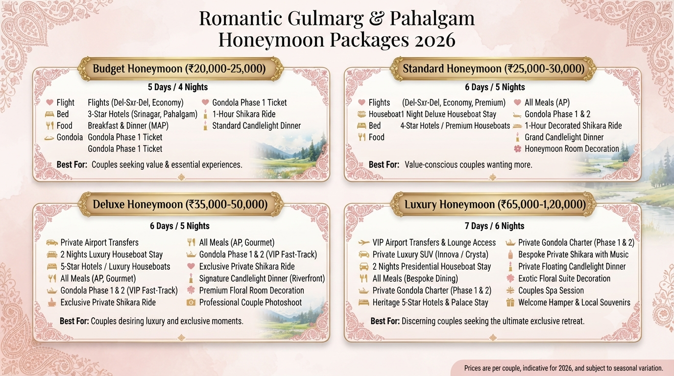 Romantic Gulmarg and Pahalgam Honeymoon Package from Delhi 2026 | ₹30K 8 Romantic Gulmarg and Pahalgam honeymoon package from Delhi - honeymoon package comparison infographic budget standard deluxe luxury