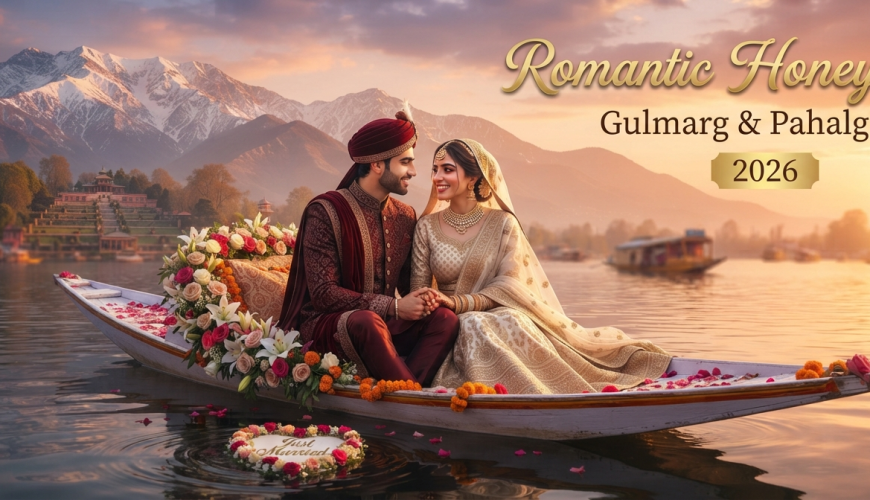 Romantic Gulmarg and Pahalgam honeymoon package from Delhi - newlywed couple on private shikara Dal Lake sunset Nature Connect Travels