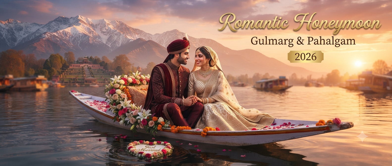 Romantic Gulmarg and Pahalgam honeymoon package from Delhi - newlywed couple on private shikara Dal Lake sunset Nature Connect Travels