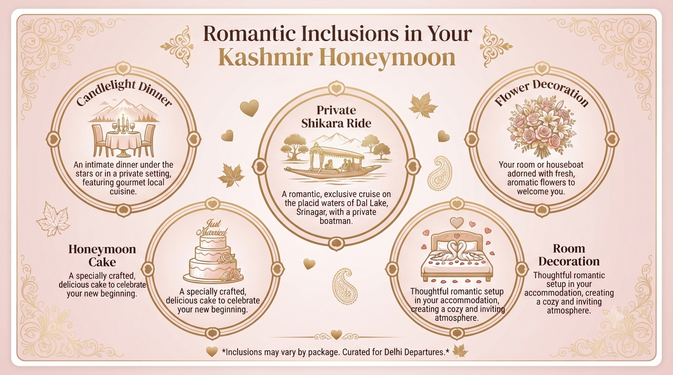 Romantic Gulmarg and Pahalgam Honeymoon Package from Delhi 2026 | ₹30K 10 Romantic Gulmarg and Pahalgam honeymoon package from Delhi - romantic inclusions infographic shikara candlelight dinner flower decoration cake room decoration