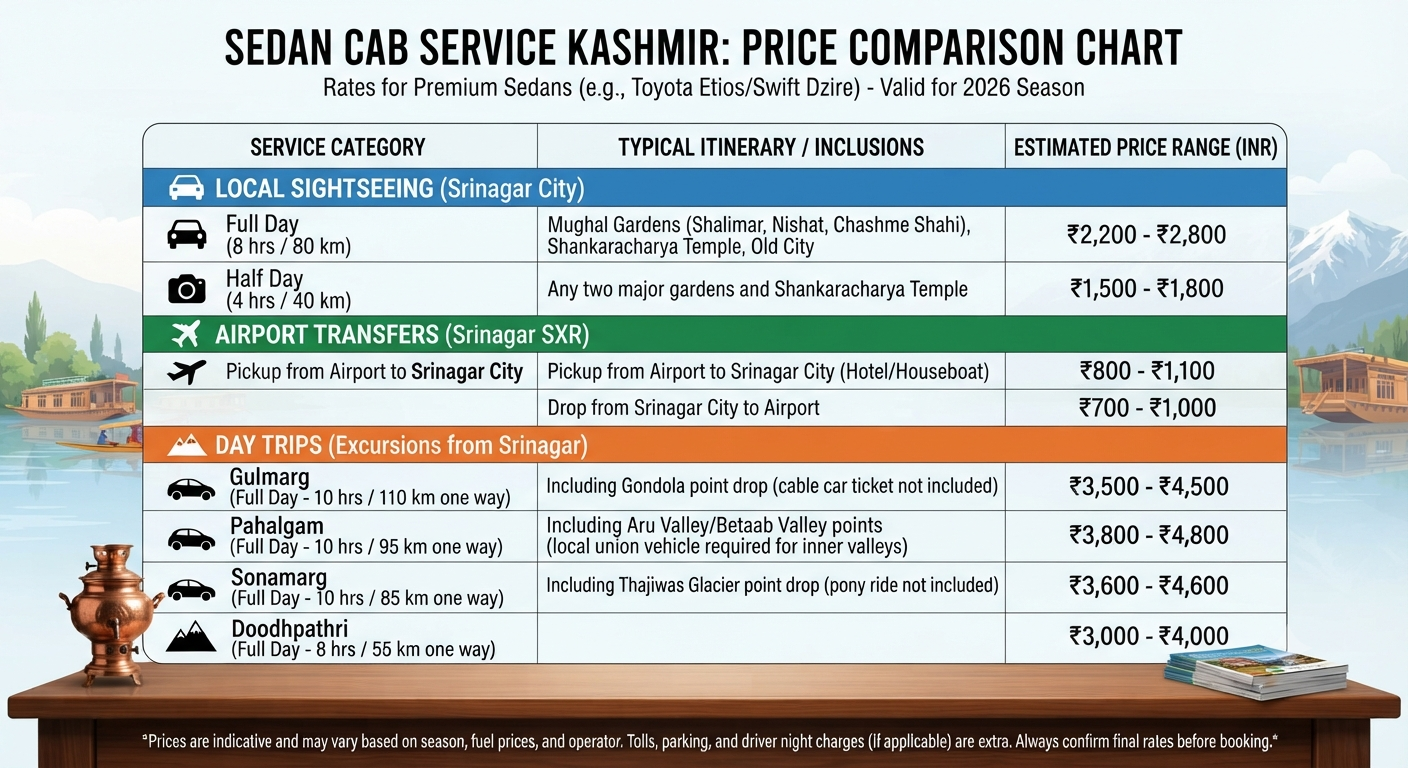 Sedan Cab Service Kashmir 2026 | Best Rates & Packages 8 Sedan cab service Kashmir 2026 - complete pricing guide for Srinagar sightseeing and day trips