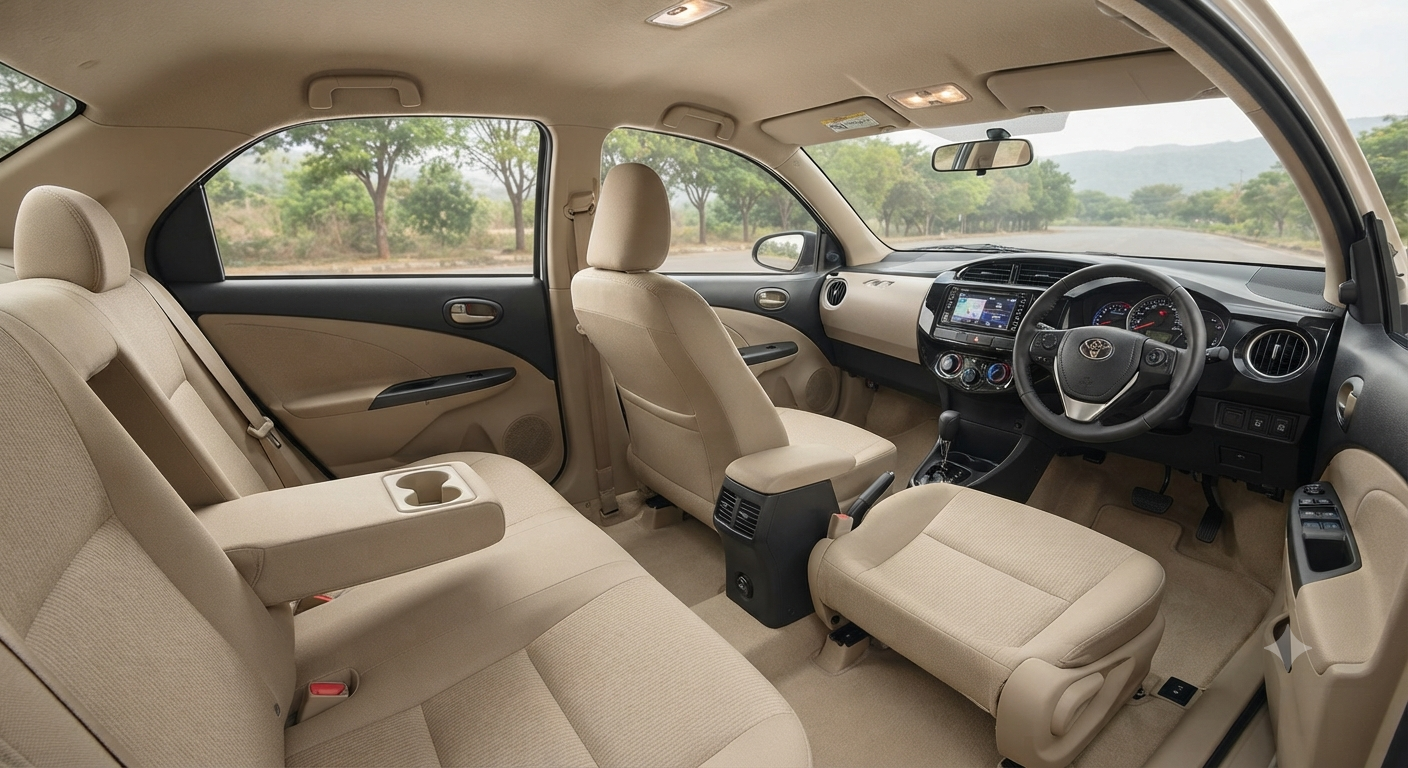 Sedan Cab Service Kashmir 2026 | Best Rates & Packages 7 Sedan cab service Kashmir - comfortable Toyota Etios interior for family and couples travel