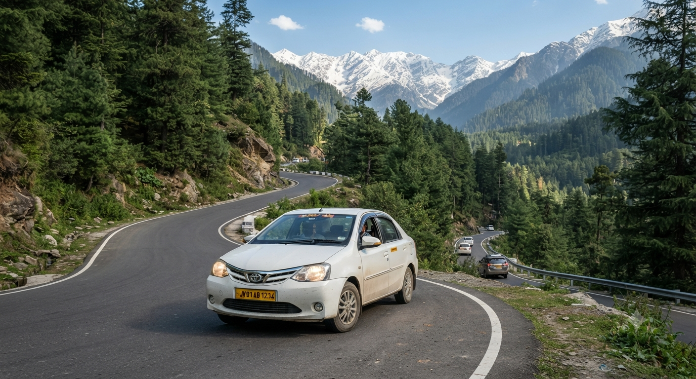 Sedan Cab Service Kashmir 2026 | Best Rates & Packages 9 Sedan cab service Kashmir - comfortable drive from Srinagar to Gulmarg through scenic mountain roads