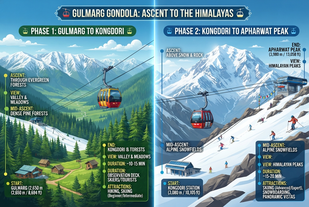 Gulmarg Cable Car Booking 2026: The Complete Guide to a Seamless Gondola Ride 5 Split-screen infographic showing Gulmarg Gondola Phase 1