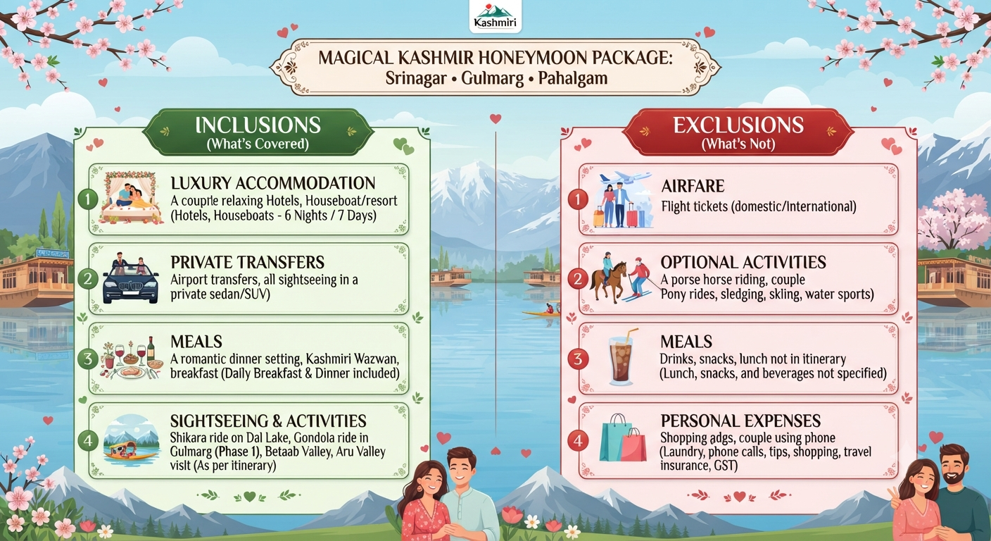 Srinagar Gulmarg Pahalgam Honeymoon Package 2026 | ₹22,000 | Book Now 16 Srinagar Gulmarg Pahalgam honeymoon package 2026 - inclusions and exclusions infographic