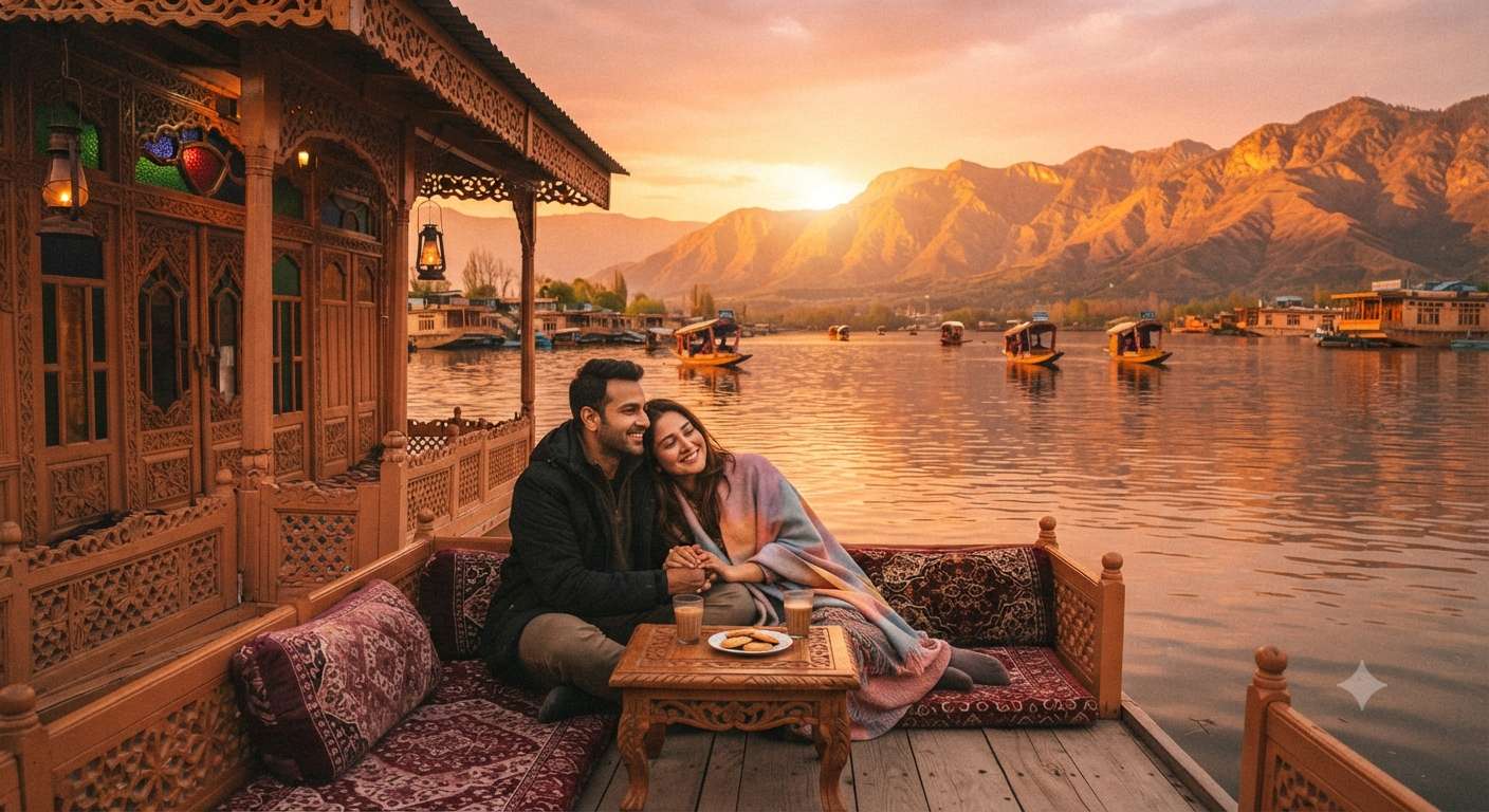 Srinagar Gulmarg Pahalgam Honeymoon Package 2026 | ₹22,000 | Book Now 10 Srinagar Gulmarg Pahalgam honeymoon package 2026 - romantic couple on houseboat at Dal Lake sunset
