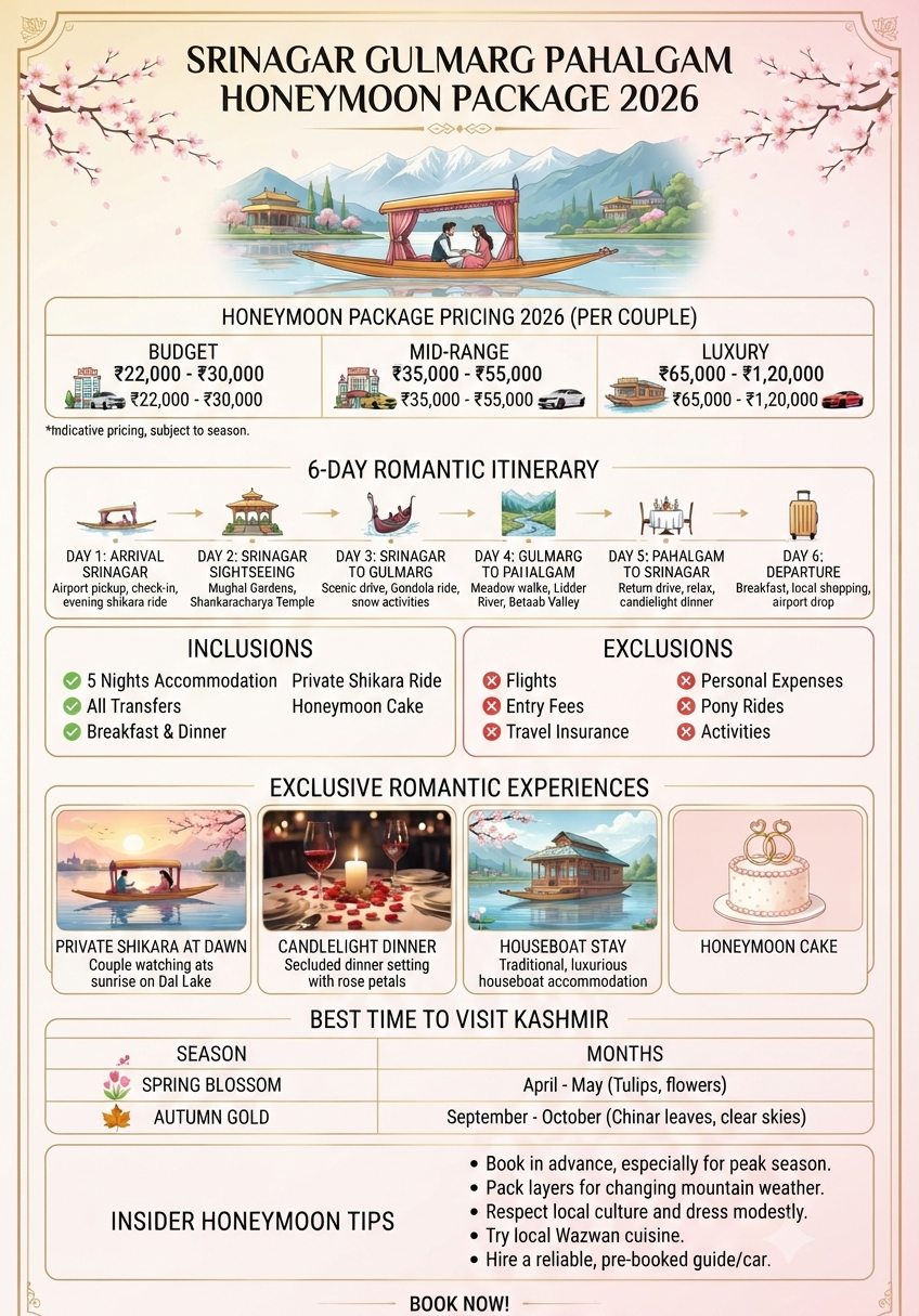 Srinagar Gulmarg Pahalgam honeymoon package 2026 infographic - package prices 22000-120000 rupees, romantic itinerary, inclusions houseboat shikara candlelight dinner