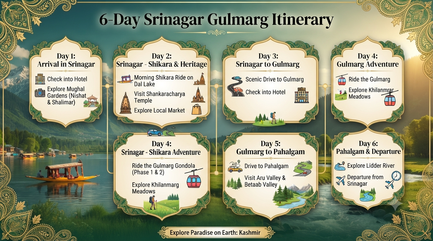 Srinagar Gulmarg Pahalgam Tour Package 5 Nights 6 Days 2026 | ₹12,500 8 Srinagar Gulmarg Pahalgam tour package 5 nights 6 days - 6-day itinerary infographic showing Srinagar Gulmarg Pahalgam
