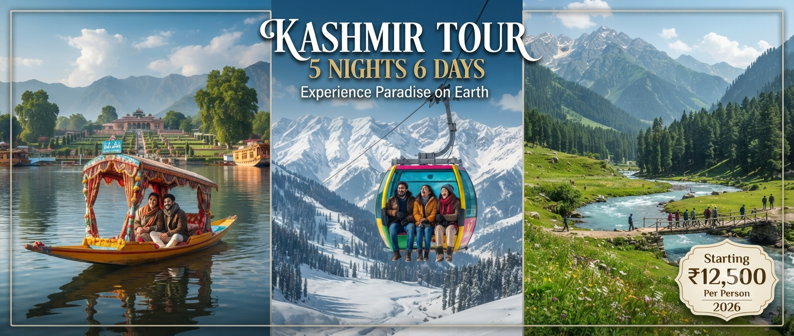 Srinagar Gulmarg Pahalgam tour package 5 nights 6 days - scenic collage of Dal Lake shikara Gulmarg Gondola and Pahalgam valley
