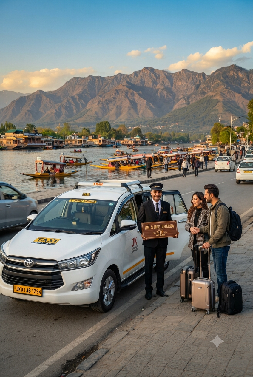 Srinagar Kashmir luxury taxi booking 2026 - Innova Crysta VIP taxi on Dal Lake Boulevard