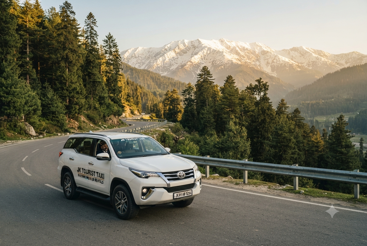 Srinagar Kashmir luxury taxi booking 2026 - Toyota Fortuner on scenic mountain road