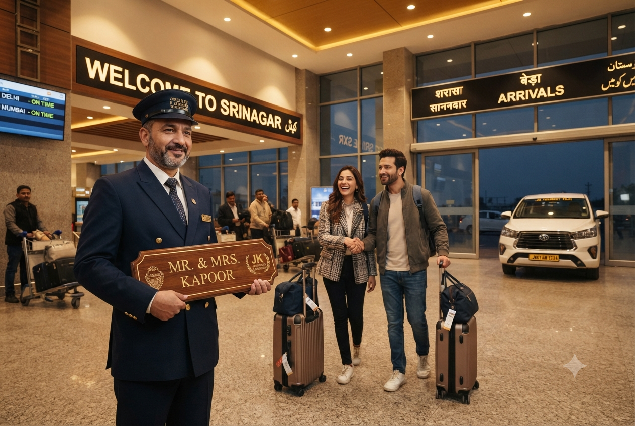 Srinagar Kashmir luxury taxi booking 2026 - VIP chauffeur at Srinagar Airport greeting guests
